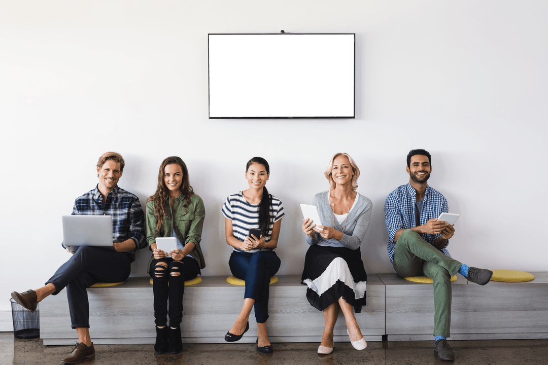 Diverse Business Team Smiling on Transparent Office Benches