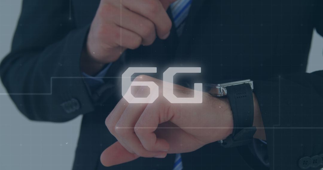 Businessman Interacting with Smartwatch and 6G Display
