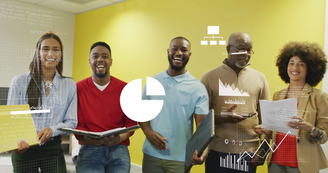 Diverse Team with Digital Financial Data Overlay in Modern Office
