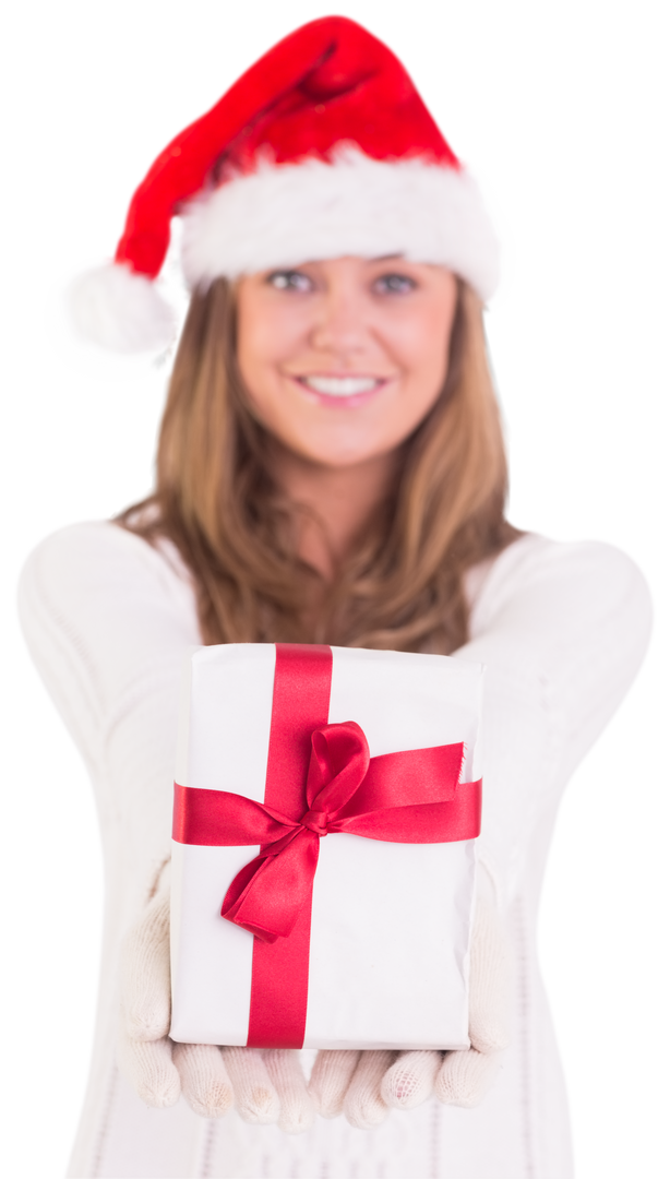 Smiling Woman in Santa Hat Offering Gift on Transparent Background - Download Free Stock Images Pikwizard.com