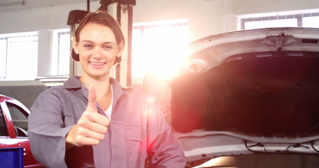 Happy Female Mechanic at Auto Repair Shop Giving Thumbs Up - Free Images, Stock Photos and Pictures on Pikwizard.com