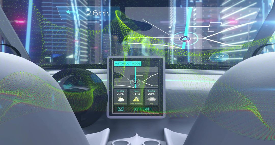 Futuristic Self-Driving Car Cockpit Displaying Holographic HUD and Autopilot Interface