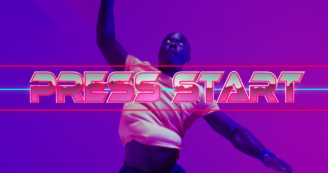 Basketball Player Under Neon Lights with 'Press Start' Text
