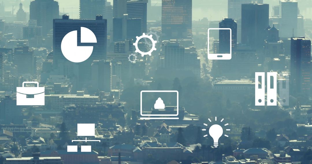 Digital Business Icons Overlaying Metropolitan Skyline