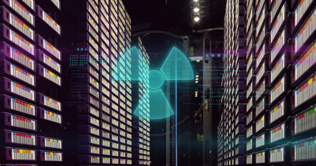 Nuclear Symbol Over High-Tech Data Processing Server Room