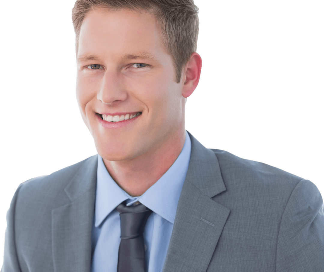 Transparent Smiling Businessman in Gray Suit Confident Portrait