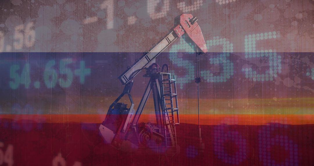 Oil Industry and Financial Data Over Russian Flag Symbolizing Economy Dynamics