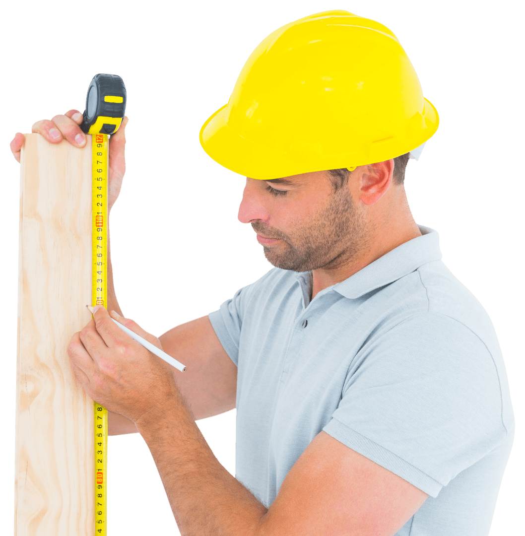 Carpenter Accurately Measuring Wooden Plank with Tape