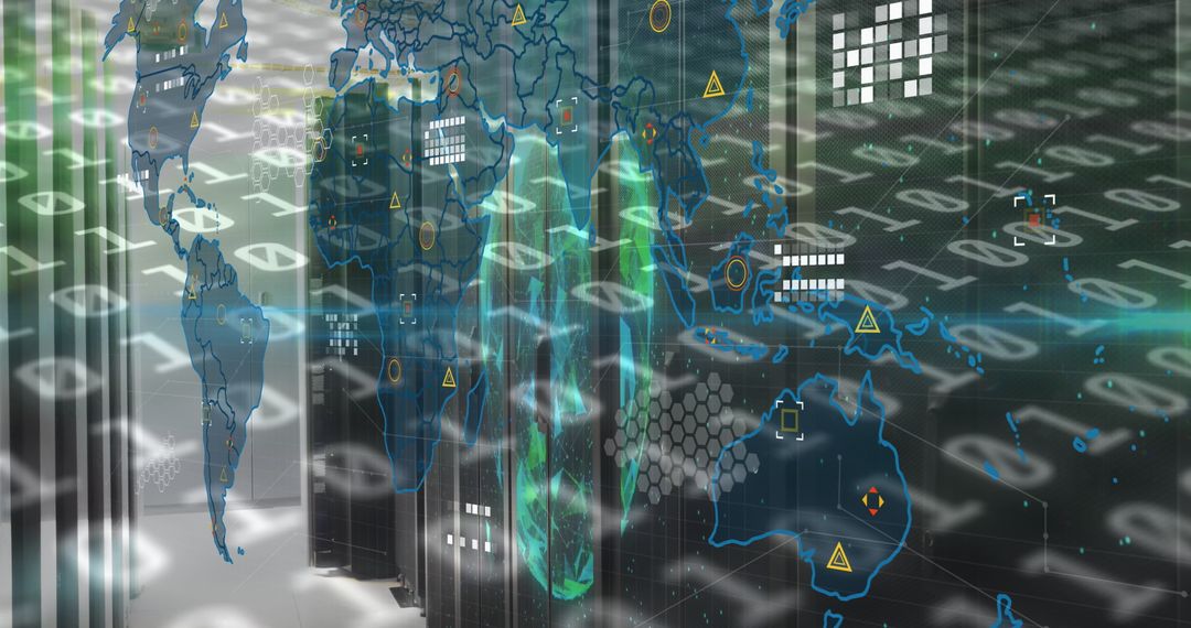 Futuristic Server Room with Digital World Map Overlay