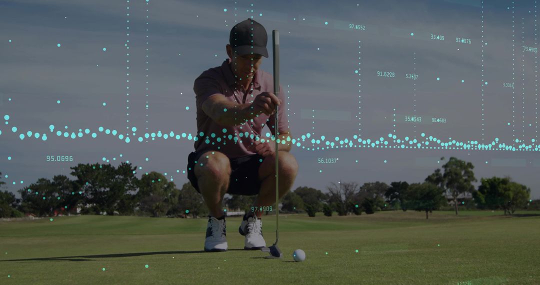 Golfer Aligning Putt with Technology Data Overlay on Green