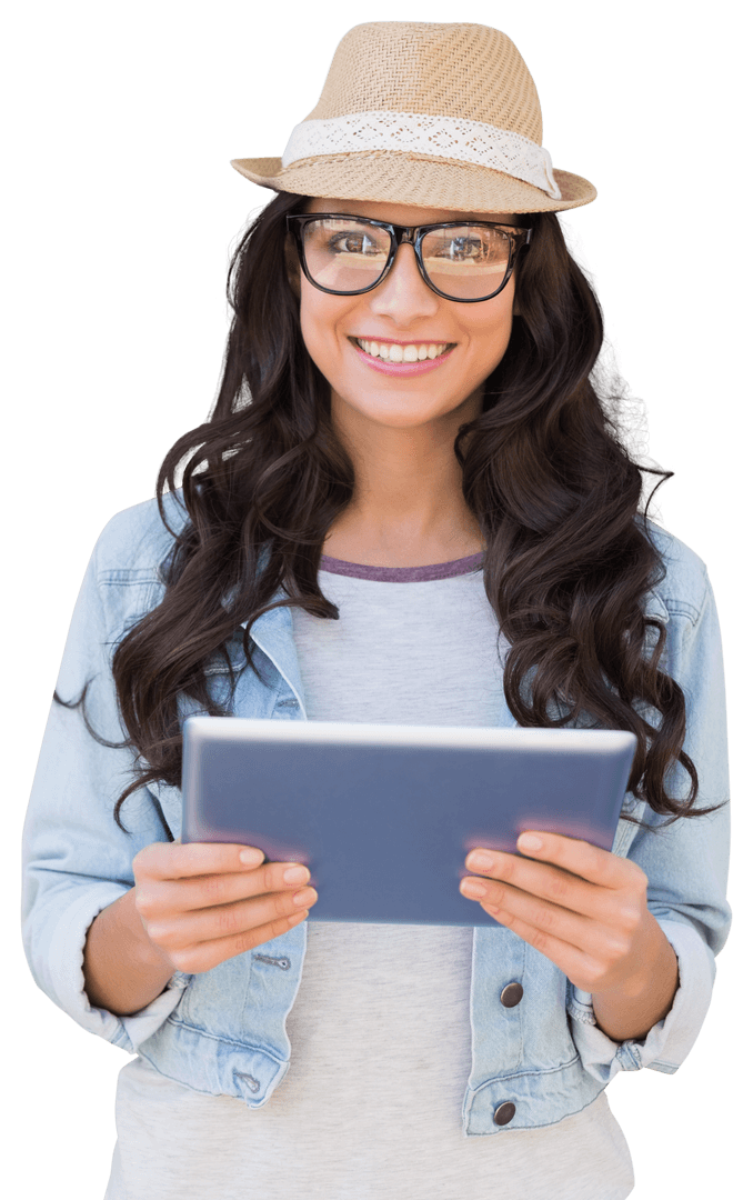 Smiling Woman with Tablet and Hat on Transparent Background