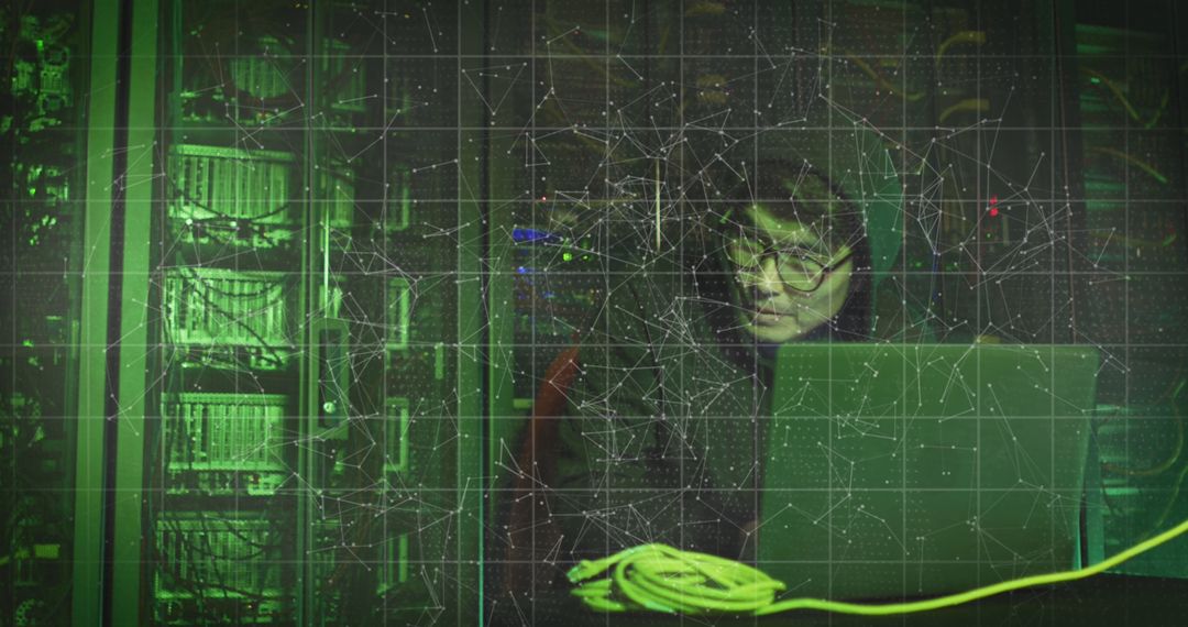Hacker in Server Room with Abstract Digital Interface