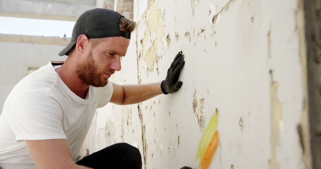 Man Renovating Building Wall with Gloved Hand - Free Images, Stock Photos and Pictures on Pikwizard.com