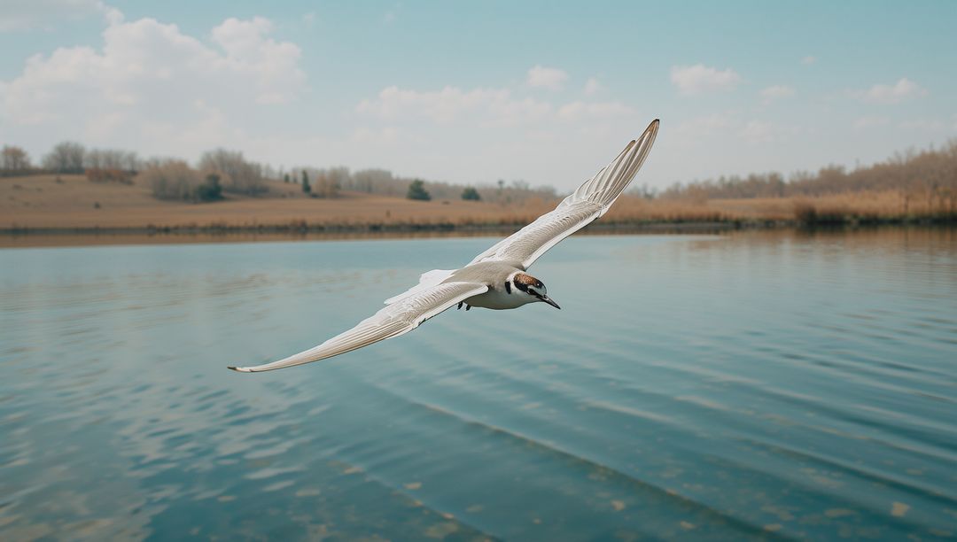 Graceful Tern Skimming Serene Lake on a Clear Day