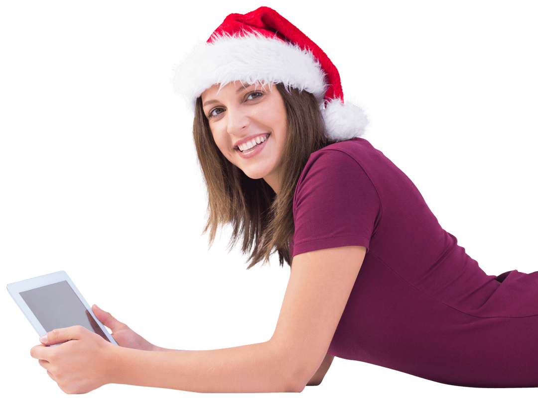 Transparent Smiling Woman in Santa Hat Using Tablet