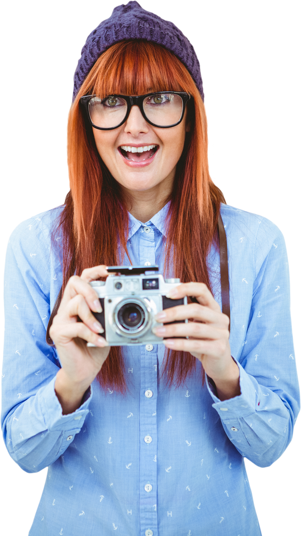 Smiling Hipster Woman with Retro Camera Transparent Background - Download Free Stock Images Pikwizard.com