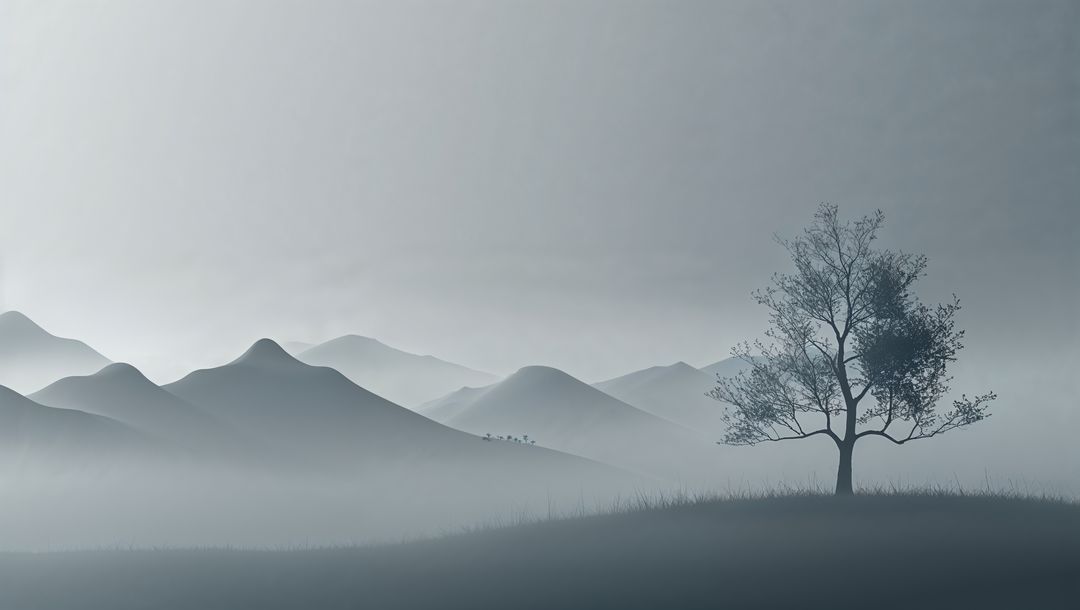 Lone Tree at Dawn Amidst Foggy Hills with Soft Lighting