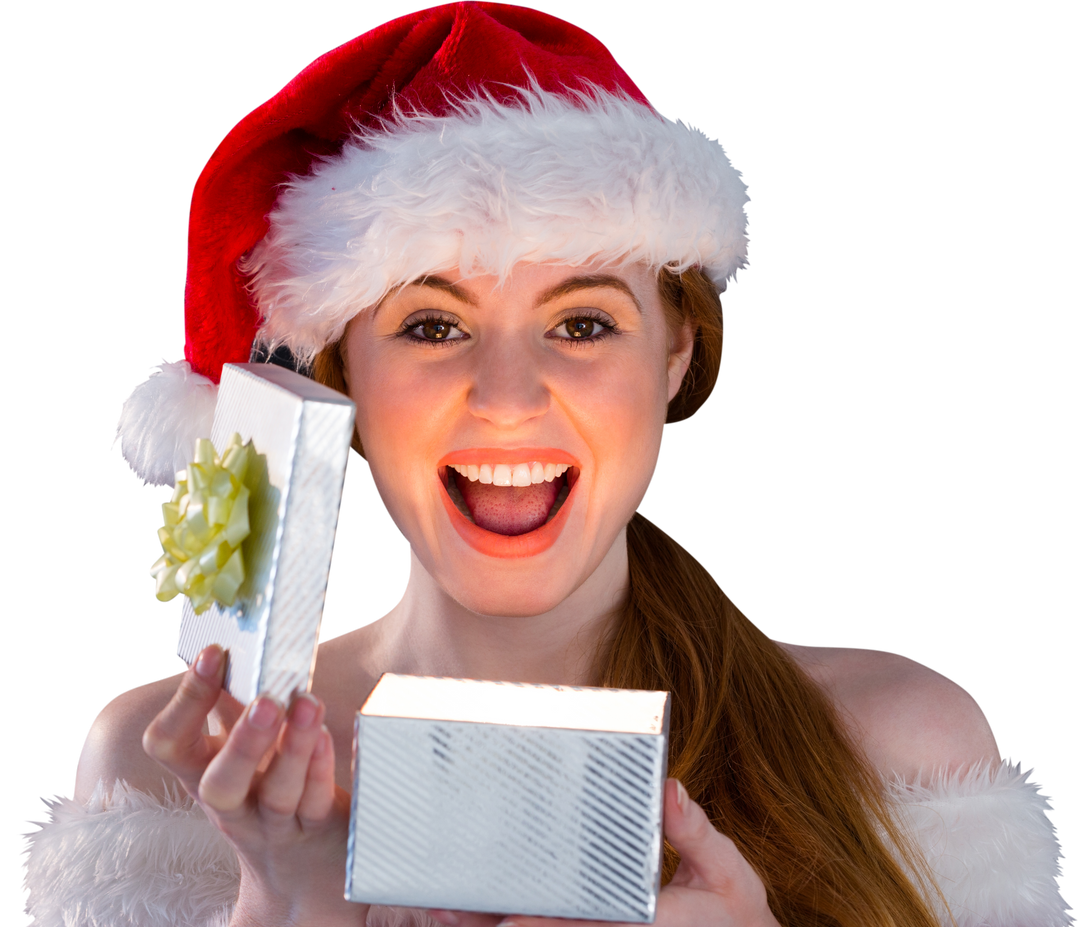 Excited Woman in Santa Hat Opening Gift with Joyous Expression Transparent Background - Download Free Stock Images Pikwizard.com