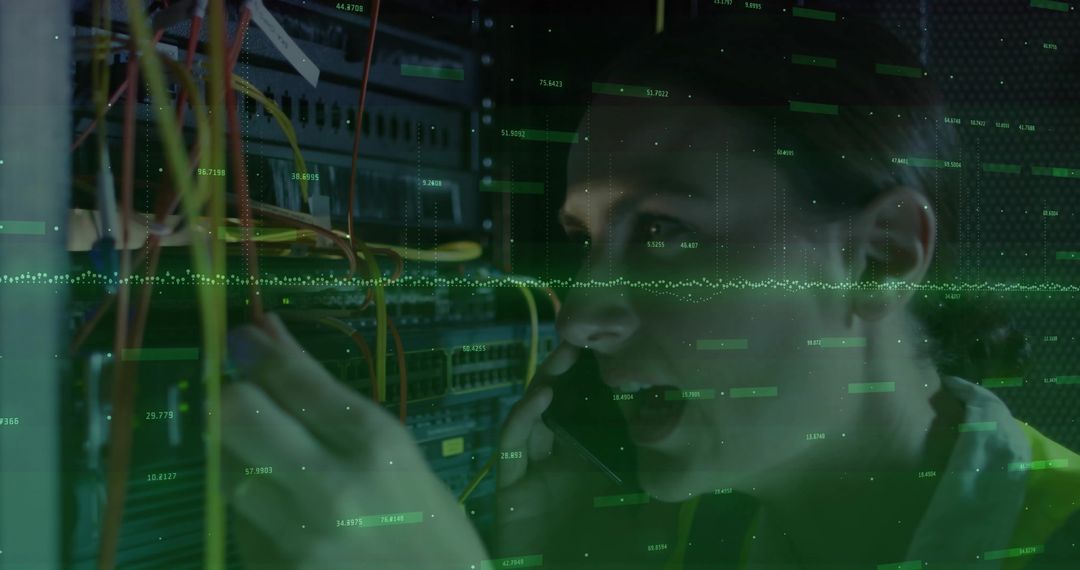 Female technician rerouting Ethernet cables at server rack while calling, green data overlay