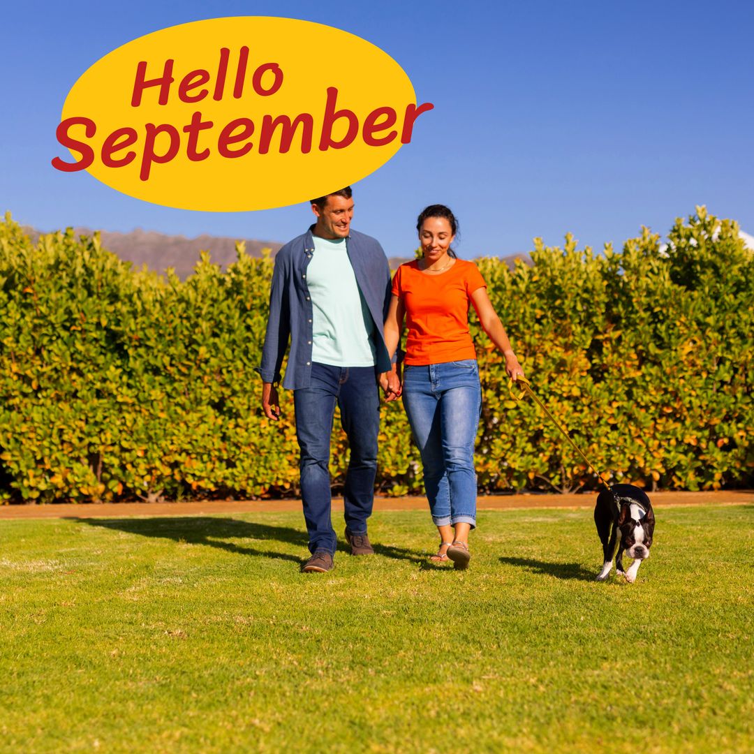 Caucasian Couple Enjoying Fall Walk with Dog in Lush Garden