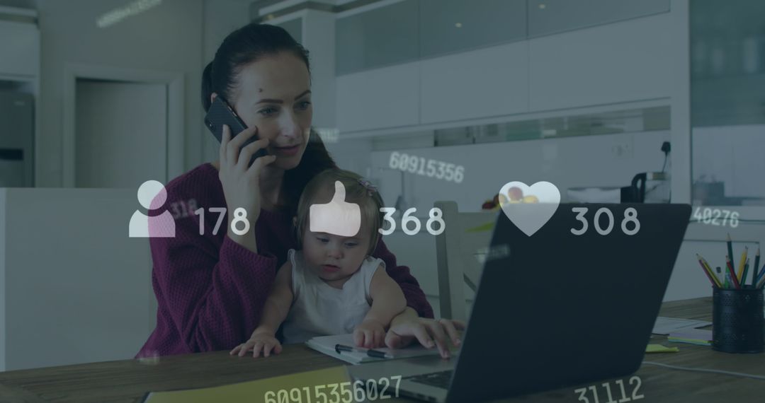 Busy Mother Multitasking with Laptop and Smartphone at Home