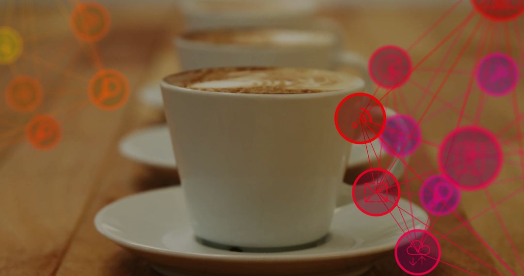 Cappuccino Cups on Rustic Table with Network Icons Overlay