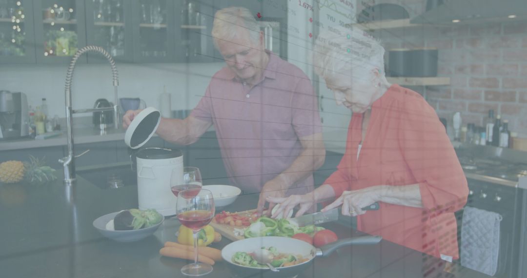 Senior Couple Enjoying Cooking Together with Data Overlay