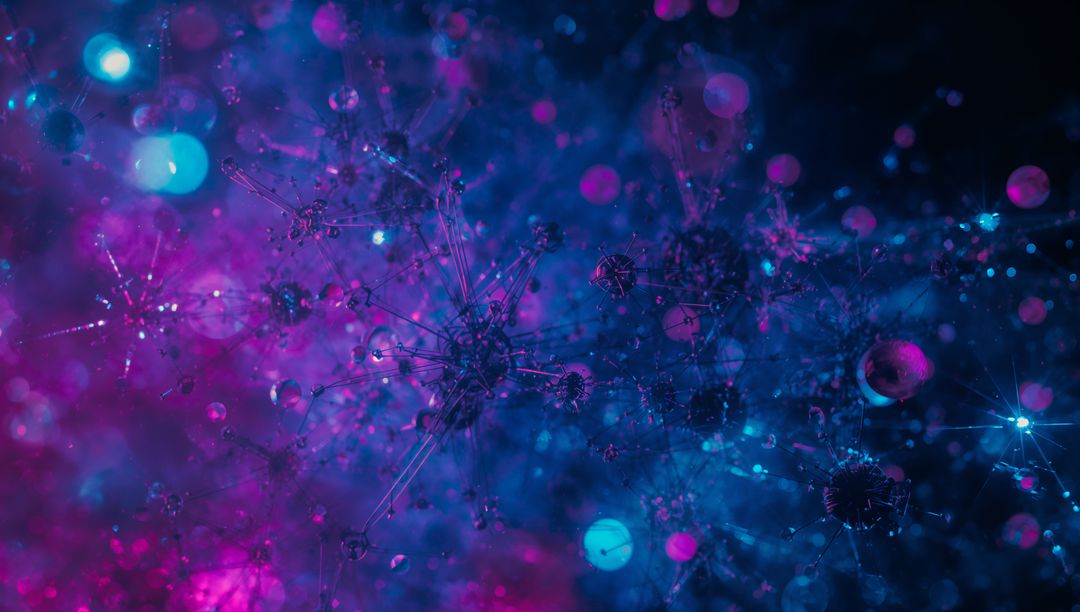 Futuristic Network with Translucent Spheres and Dynamic Filaments