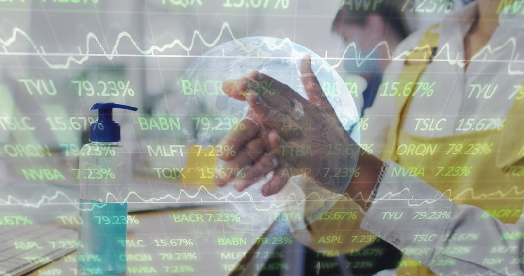 Man Disinfecting Hands Amid Stock Market Data Representing Global Health Precautions