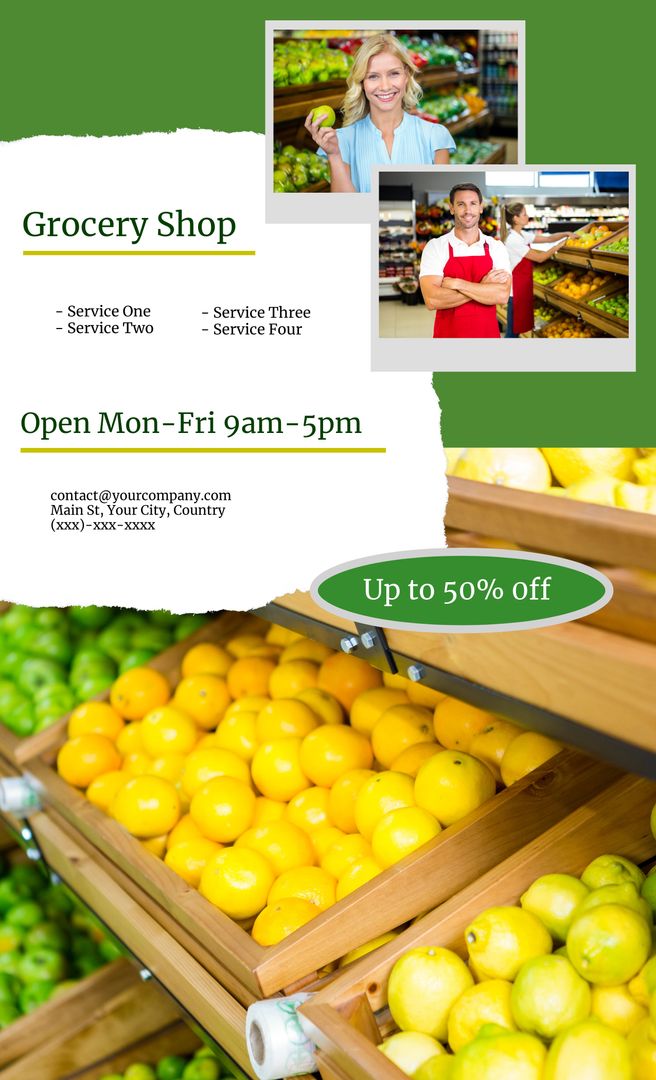 Grocery Shop Ad Template with Fresh Produce and Smiling Staff - Download Free Stock Templates Pikwizard.com