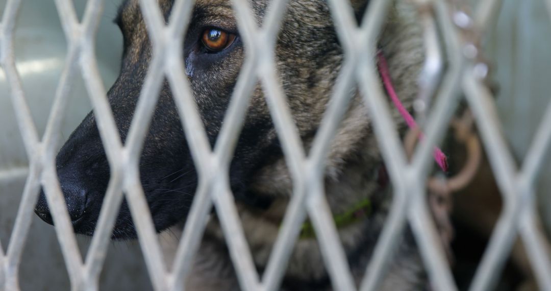 A dog peers through a metal fence, evoking emotions of longing - Free Images, Stock Photos and Pictures on Pikwizard.com