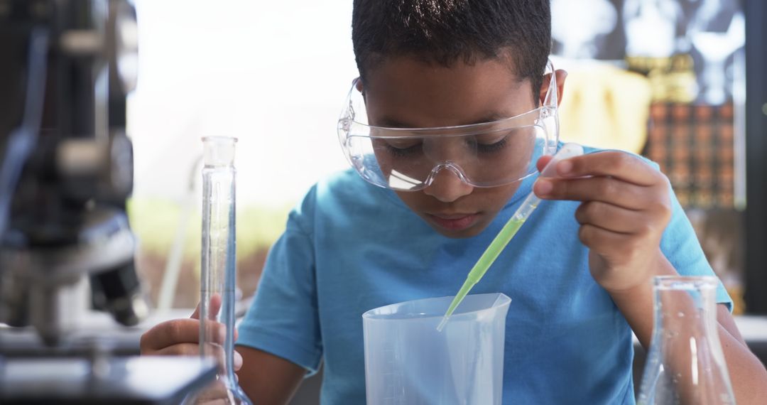 Child Experimenting in Science Lab with Pipette and Safety Goggles