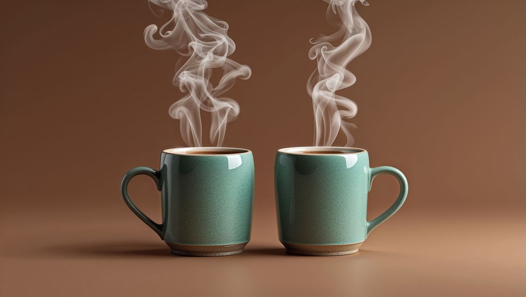 Teal Ceramic Mugs on Brown Table with Steam and Tranquil Vibe