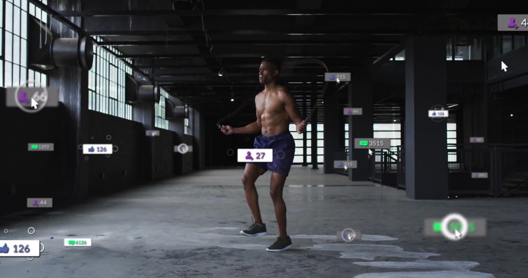 Man Exercising with Digital Social Media Overlays in Industrial Setting