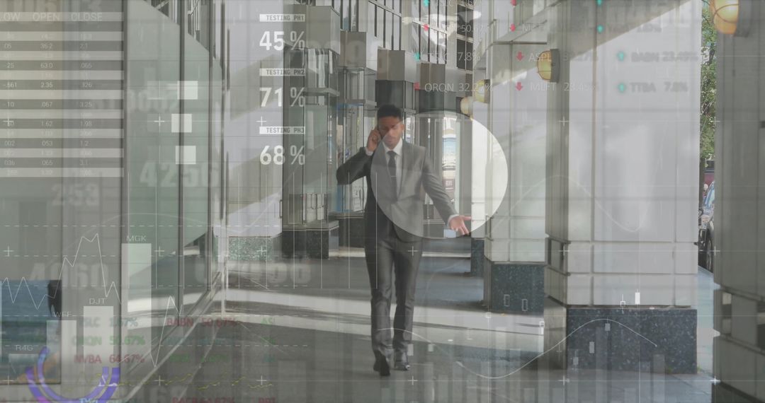 Businessman Walking with Digital Graphs and Charts Overlay