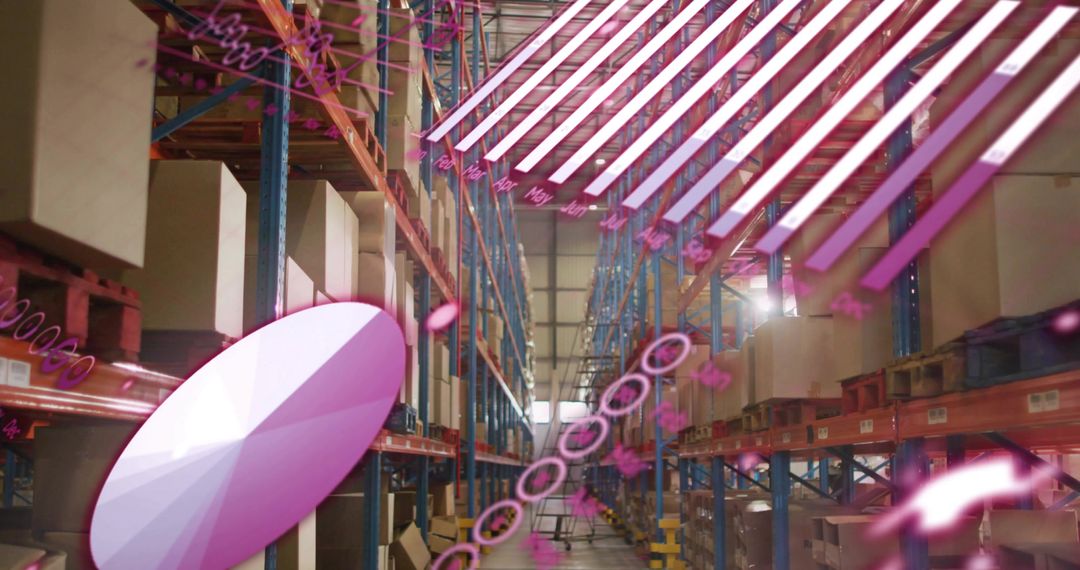 Futuristic Warehouse Aisle Featuring Magenta Holograms, Neon Overlay and Pallet Racking