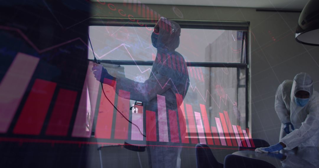 Disinfection Team in Protective Gear with Overlaid Financial Graphs