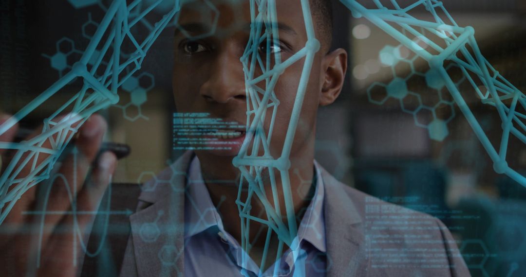 Scientist in Lab as a Futuristic Innovator Interacting with Digital Interface