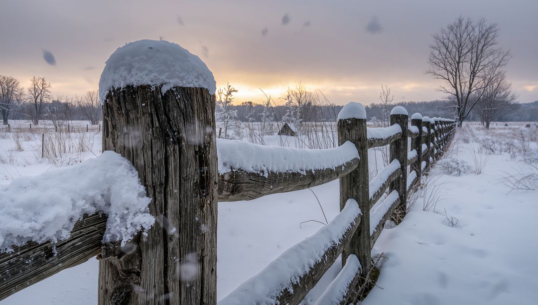 Snow-Capped Split-Rail Fence Leading Through Winter Meadow at Soft Sunrise Glow