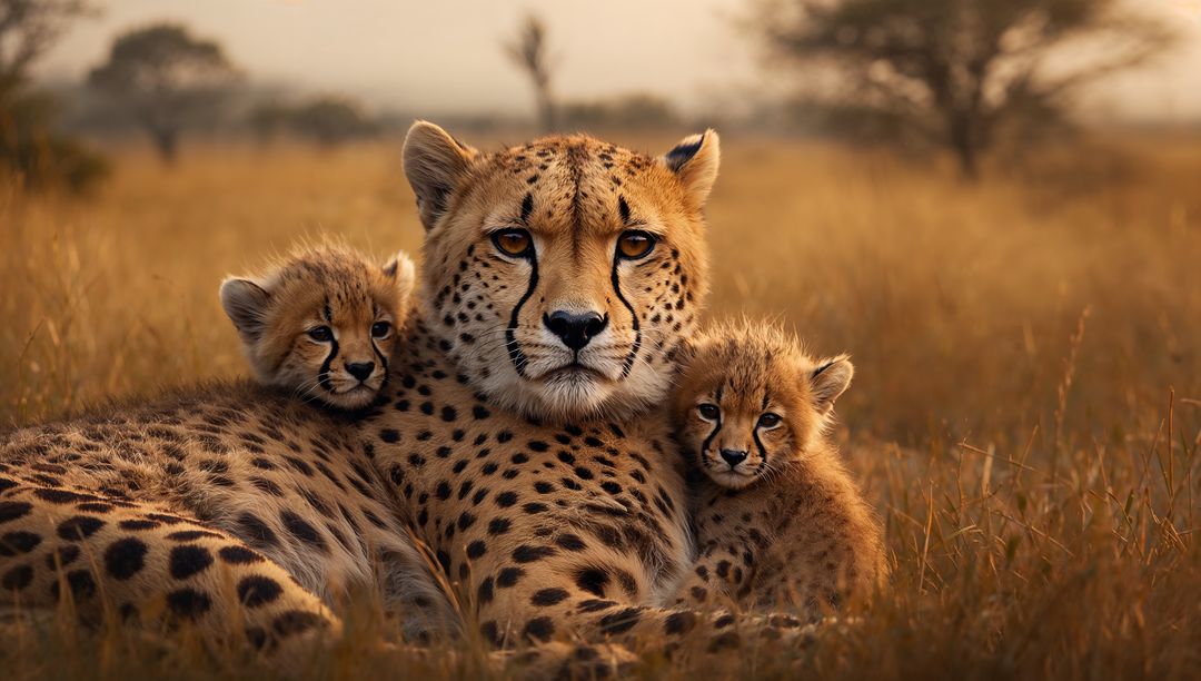 Protective Cheetah Mother with Playful Cubs in Golden Savannah