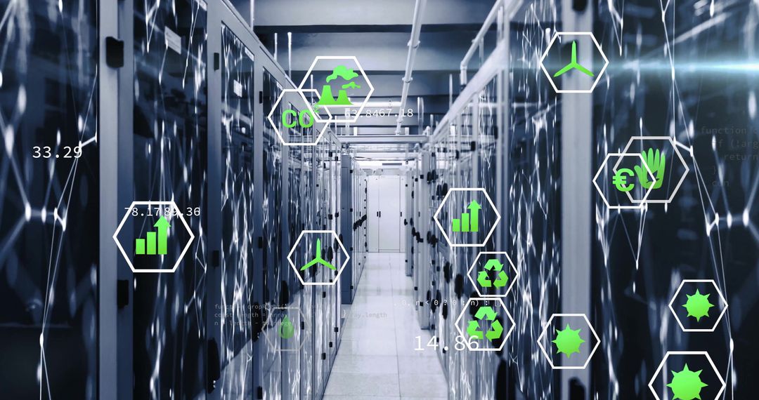 Eco Icons with Digital Data in Modern Server Room