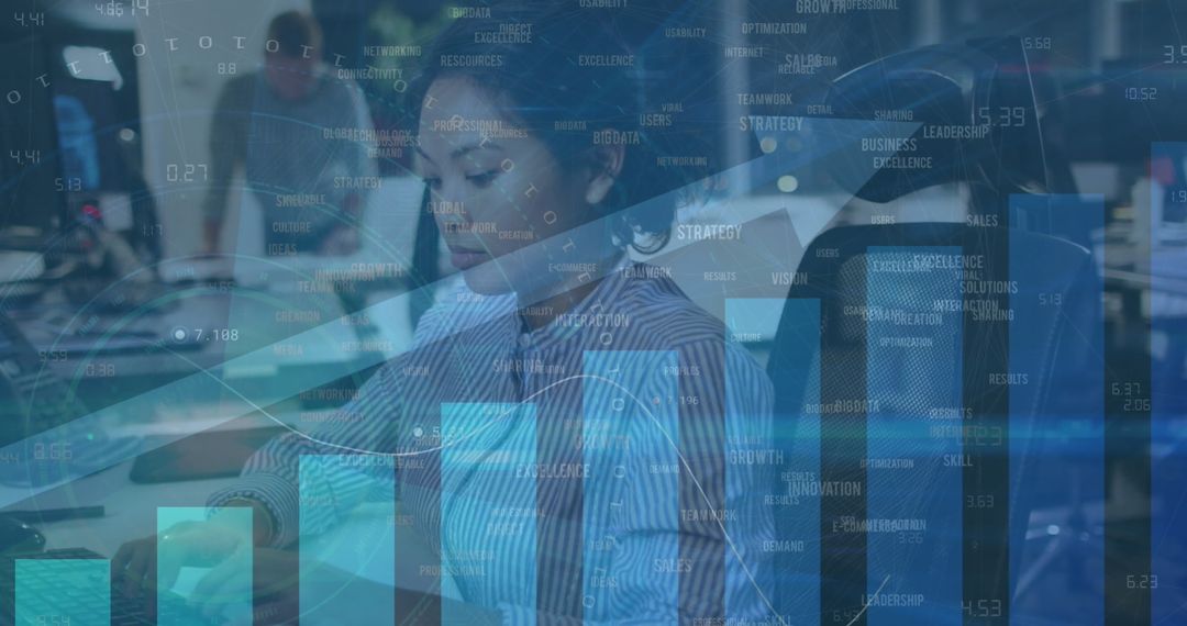 Diverse Team Data Analysis with Graphs Overlay in Modern Office