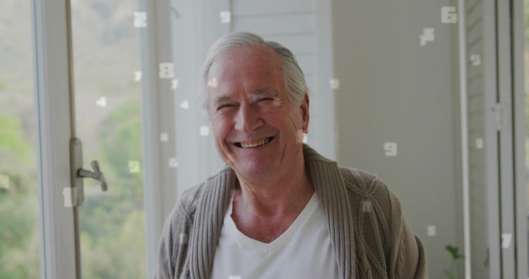 Smiling Senior Relaxing at Home with Numeric Graphics