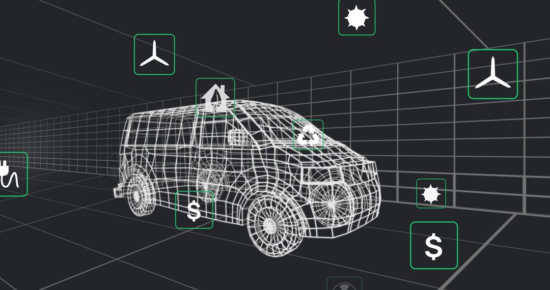3D Wireframe Van with Eco Icons and Data Analysis Elements