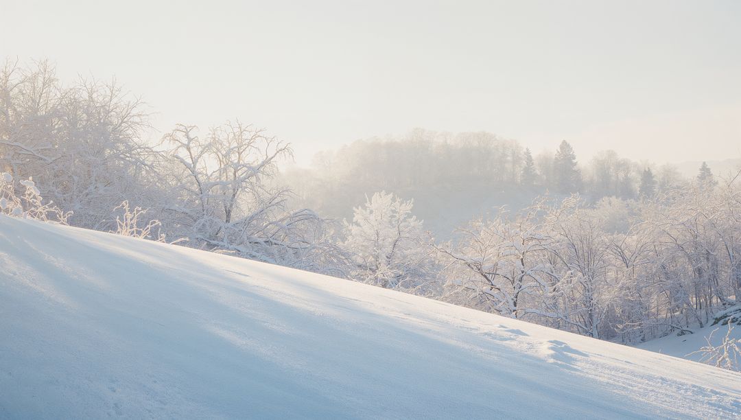 Sunlit Frosty Hillside with Snow-Covered Slope and Misty Trees, Serene Winter Landscape