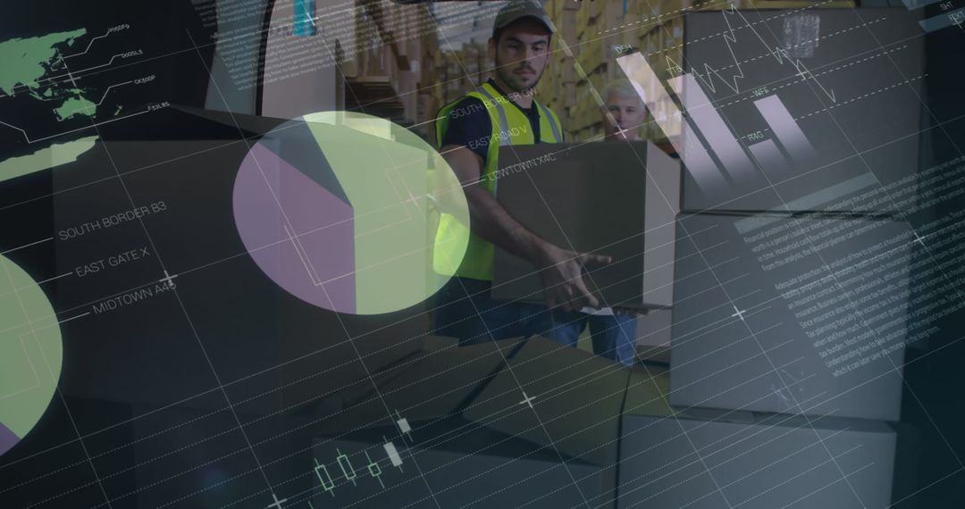 Data Illustrations Over Warehouse Worker Packing Boxes