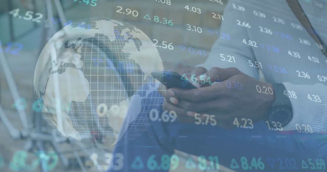 Businessman Analyzing Stock Data on Smartphone with World Map Overlay