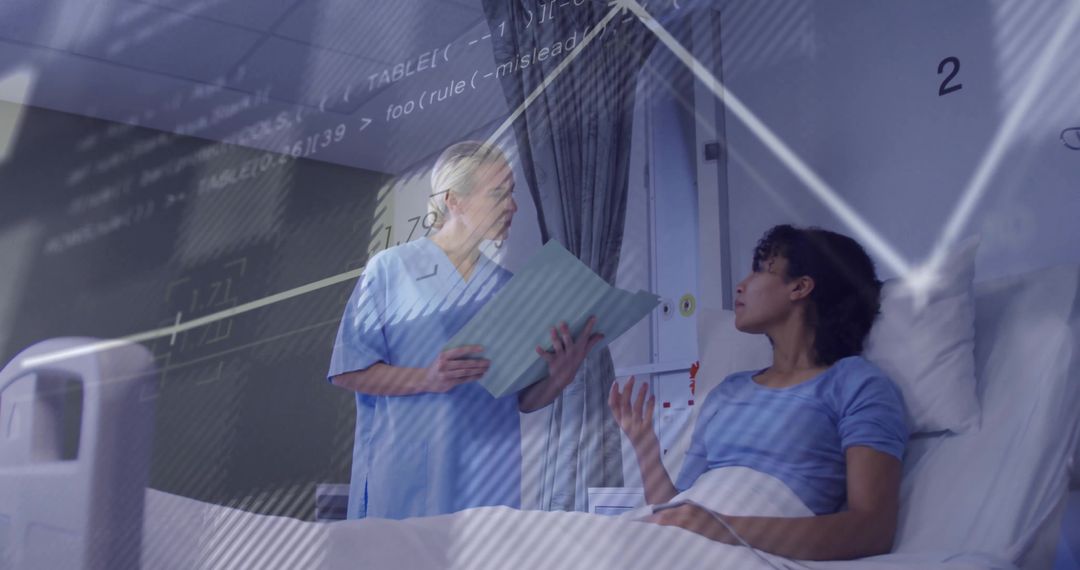 Nurse Consulting Patient at Bedside with Digital Health Data Overlay and Clinical Chart
