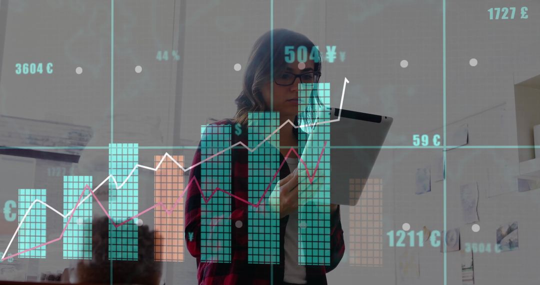 Businesswoman Analyzing Data on Digital Tablet with Financial Graphs Overlay