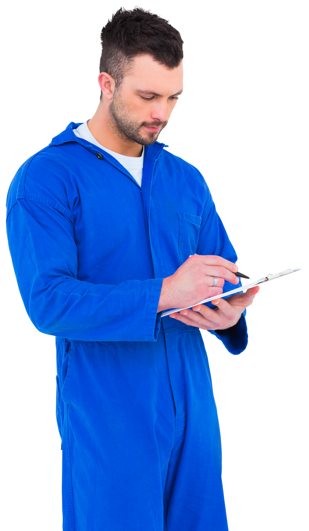 Male Mechanic in Blue Overalls Writing on Clipboard Transparent - Download Free Stock Images Pikwizard.com